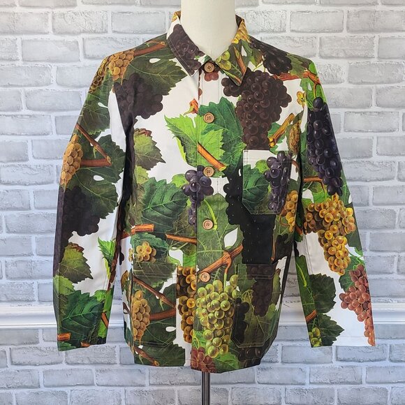Flan Labs Printed Denim Jacket Men M Green Grapes Button Up NEW Art to Wear $495 - Picture 1 of 11